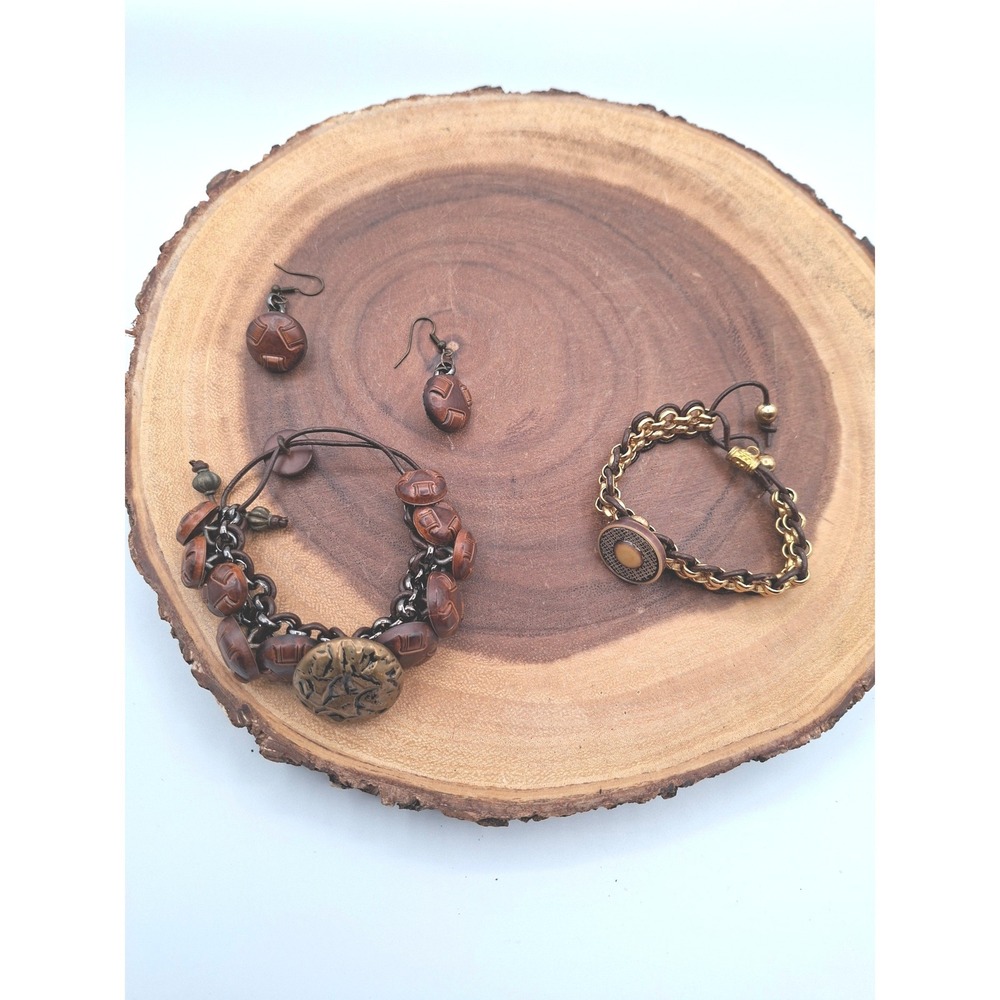 Boho Mixed Media Jewelry Set Leather Chain  Bracelets Carved Bead Earrings Brown